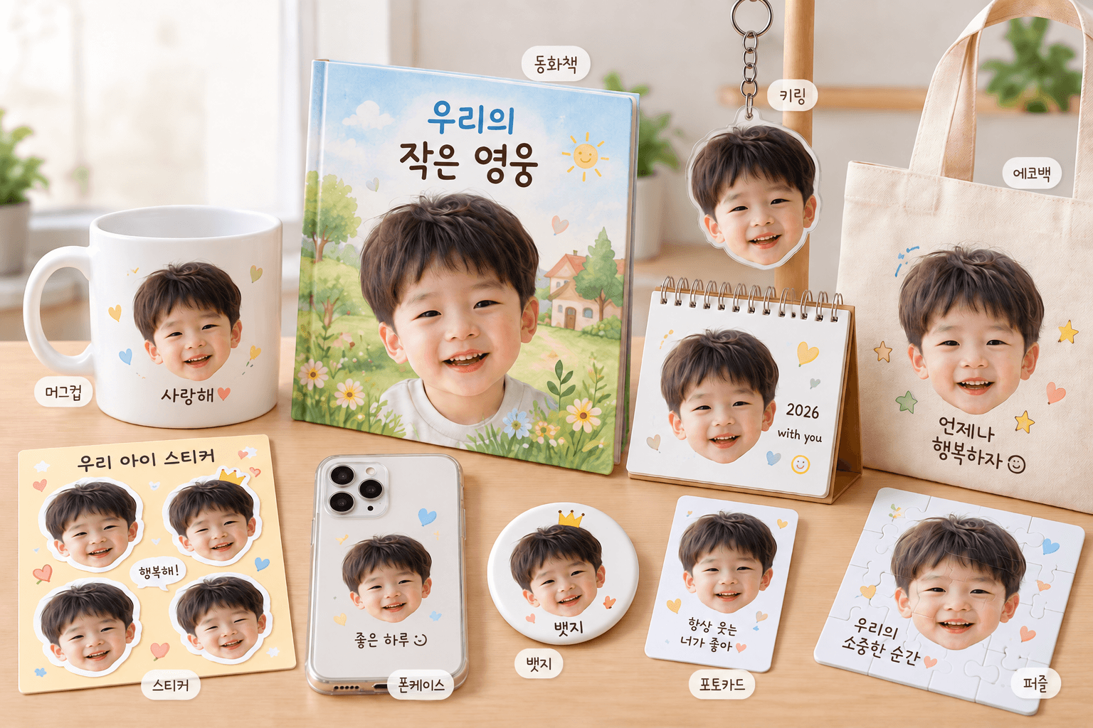 아이 얼굴 사진이 들어간 포토북, 스티커, 키링, 머그컵 등 굿즈 예시