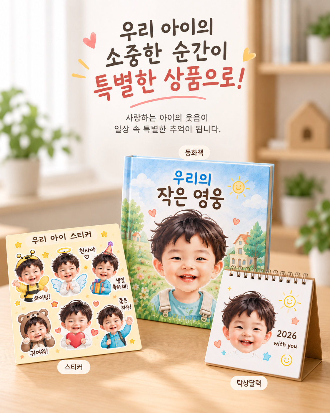 캐릭터로 만든 동화책, 스티커, 이모티콘 예시